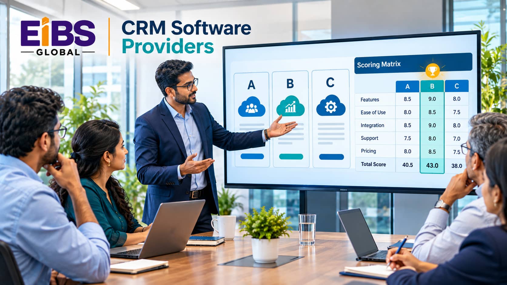 Consultant helping a leadership team compare CRM software providers with a scoring grid