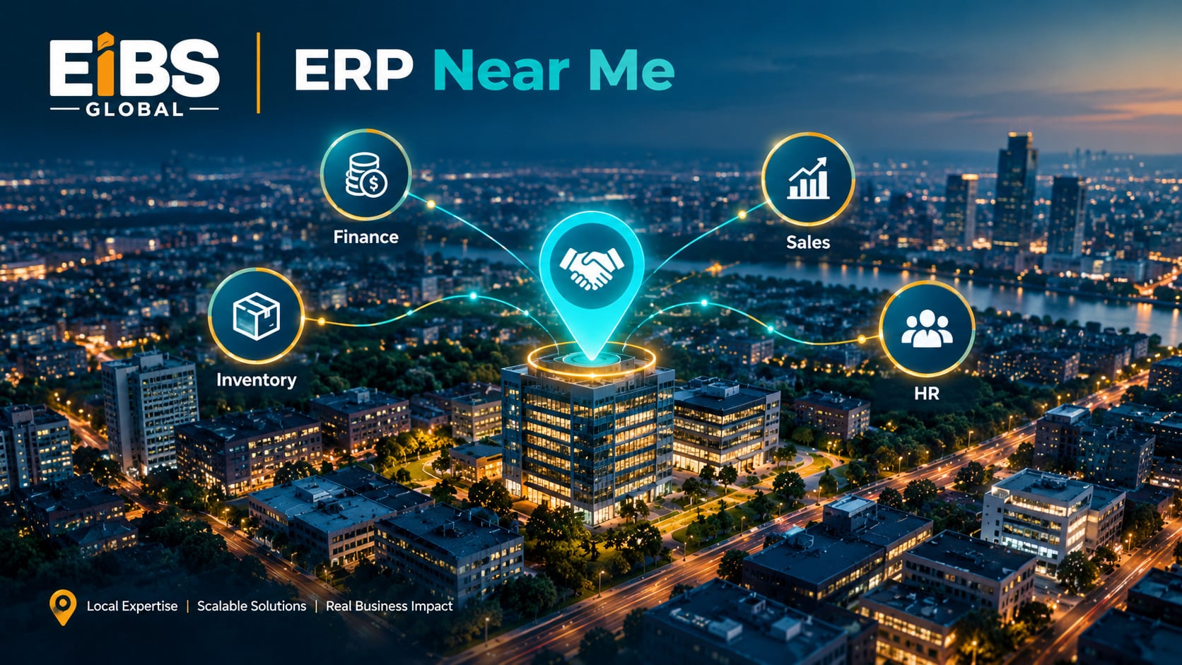 ERP near me guide showing a local ERP partner on a city map