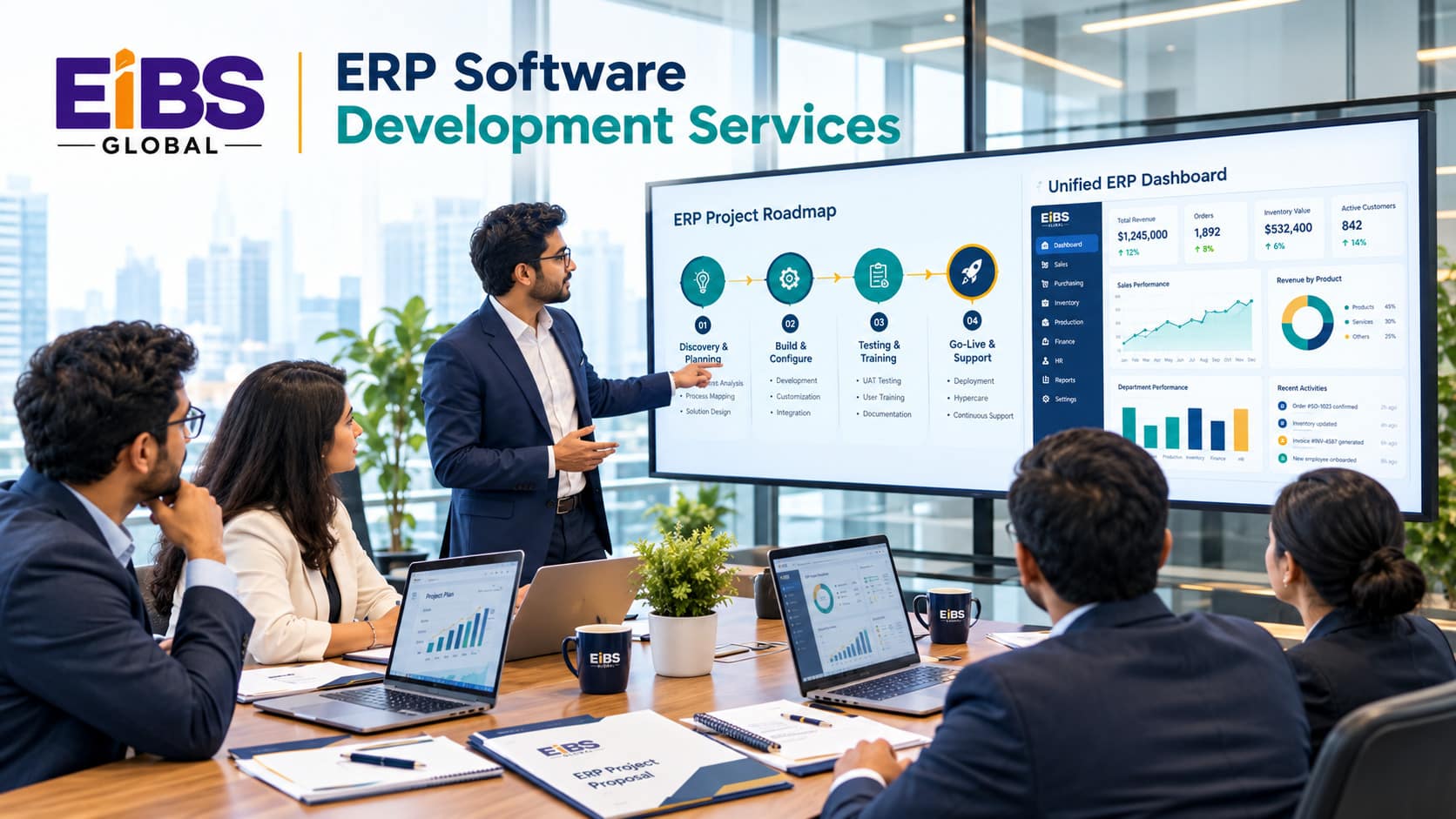 ERP software development services team presenting an ERP project roadmap to business leaders